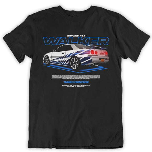 "Tuninghunterz Nissan Skyline GTR R34 T-Shirt - Motiv mit Paul Walker Hommage aus Fast & the Furious - Auto und Tuning Bekleidung für Fans - tuninghunterZ.de"