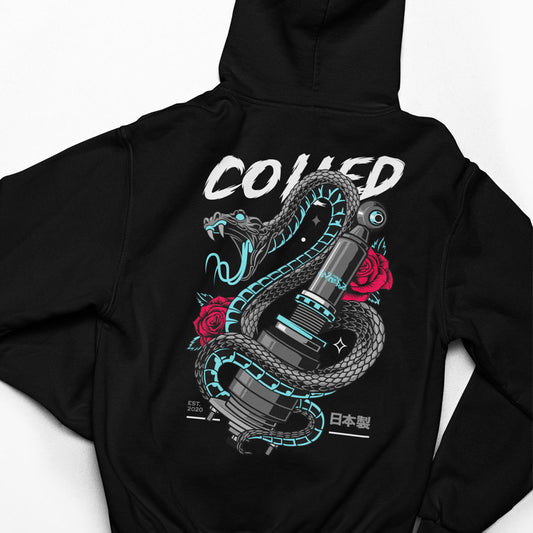"Unisex Kapuzenpullover Hoodie mit JDM Backprint und Luftfahrwerk-Abbild von TuninghunterZ - Auto und Tuning Bekleidung für Auto und Tuningfans."