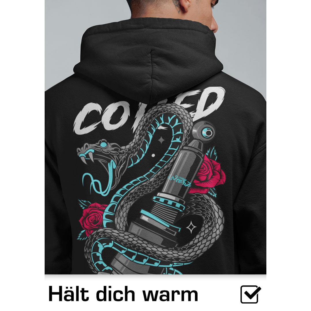 "Unisex Kapuzenpullover Hoodie mit JDM Backprint und Luftfahrwerk-Abbild von TuninghunterZ - Auto und Tuning Bekleidung für Auto und Tuningfans."