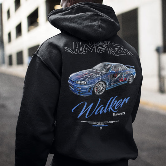 "Unisex Kapuzenpullover Hoodie mit Nissan Skyline GTR R34 Motiv aus Fast & The Furios bei tuninghunterZ - Auto und Tuning Bekleidung für JDM Fans."
